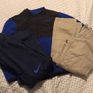 Boys UA jacket, Nike joggers and gap khakis